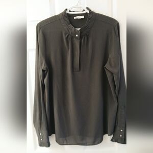 Calvin Klein Black Ruffle‑Trim Banded‑Neck Blouse | Long Sleeve | Size L